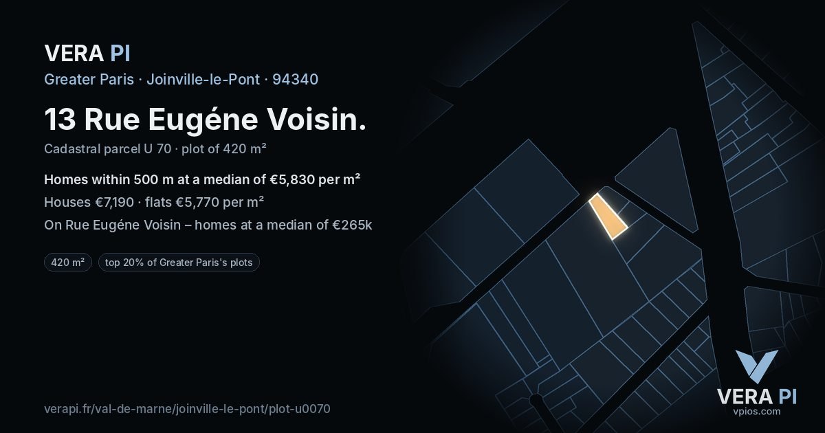 13 Rue Eugéne Voisin, Joinville-le-Pont at night – the plot lit, the parcels around coloured by the prices near them