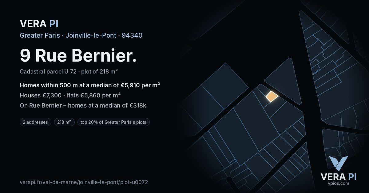 9 Rue Bernier, Joinville-le-Pont at night – the plot lit, the parcels around coloured by the prices near them