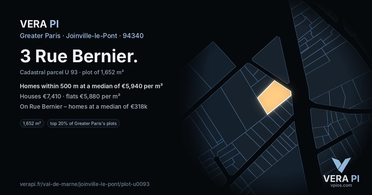 3 Rue Bernier, Joinville-le-Pont at night – the plot lit, the parcels around coloured by the prices near them