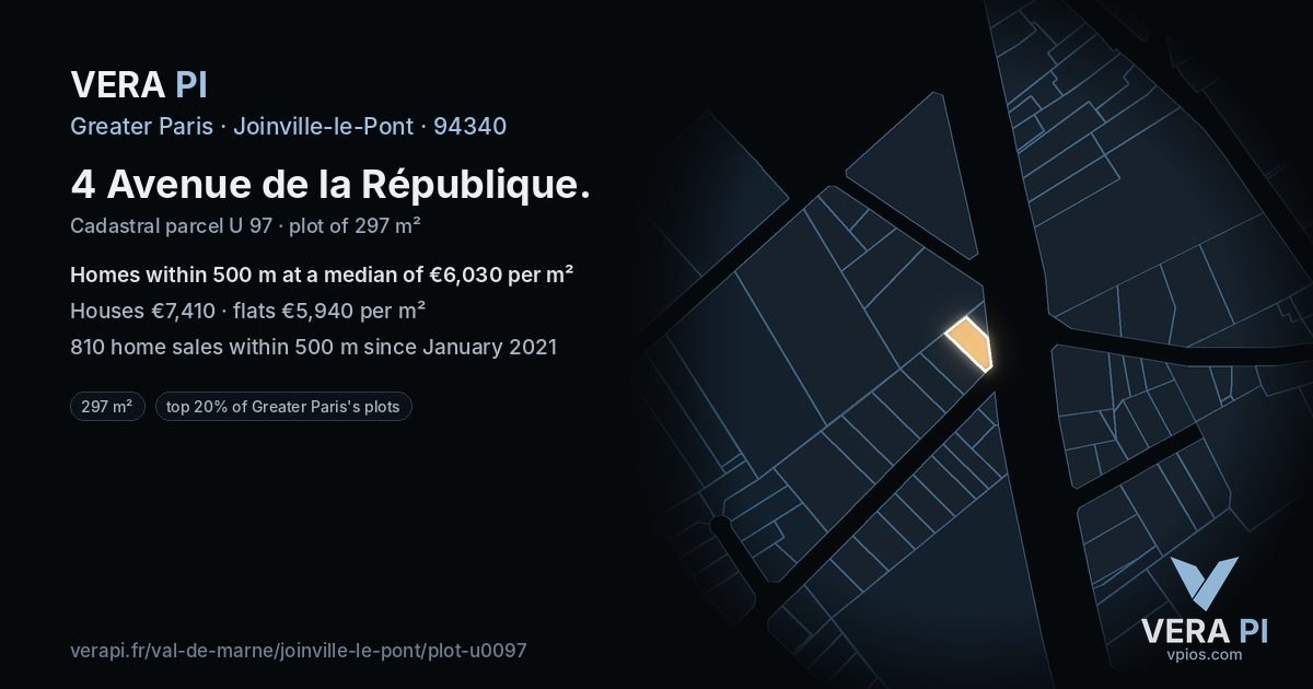 4 Avenue de la République, Joinville-le-Pont at night – the plot lit, the parcels around coloured by the prices near them