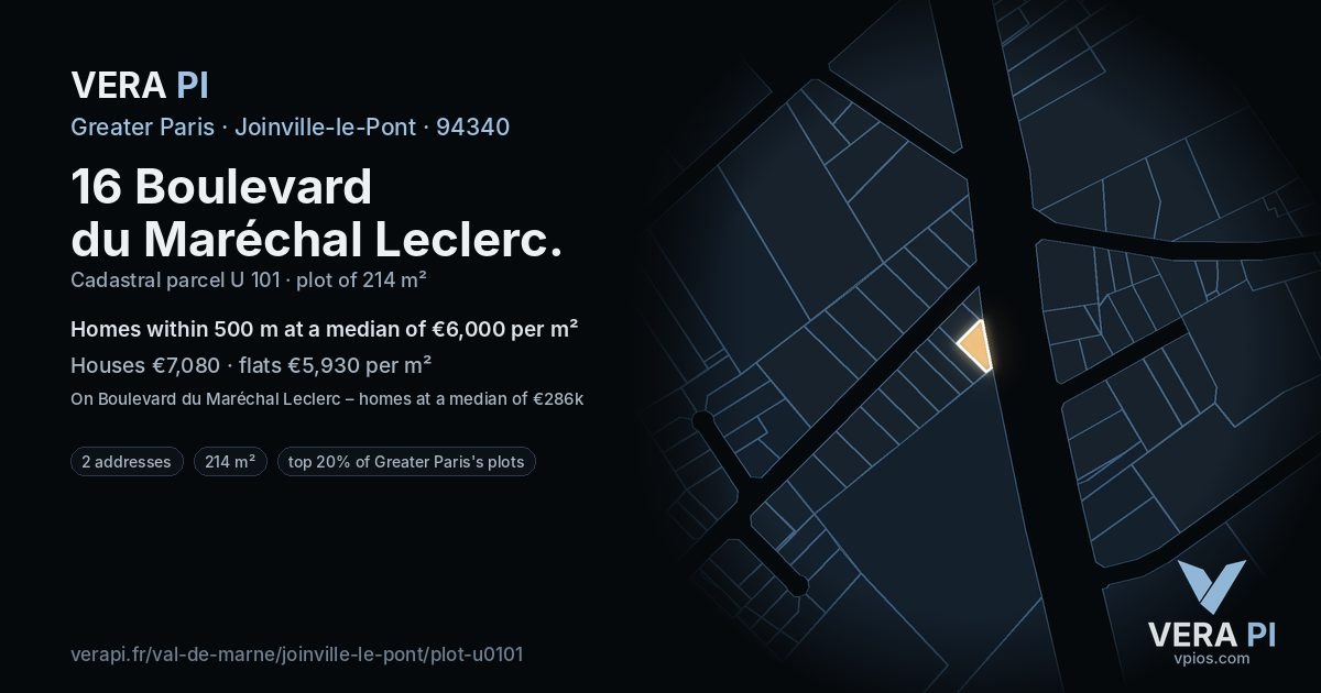16 Boulevard du Maréchal Leclerc, Joinville-le-Pont at night – the plot lit, the parcels around coloured by the prices near them