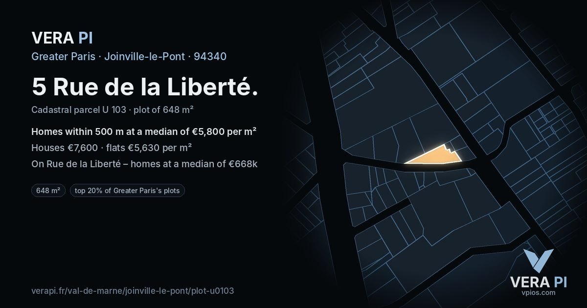 5 Rue de la Liberté, Joinville-le-Pont at night – the plot lit, the parcels around coloured by the prices near them