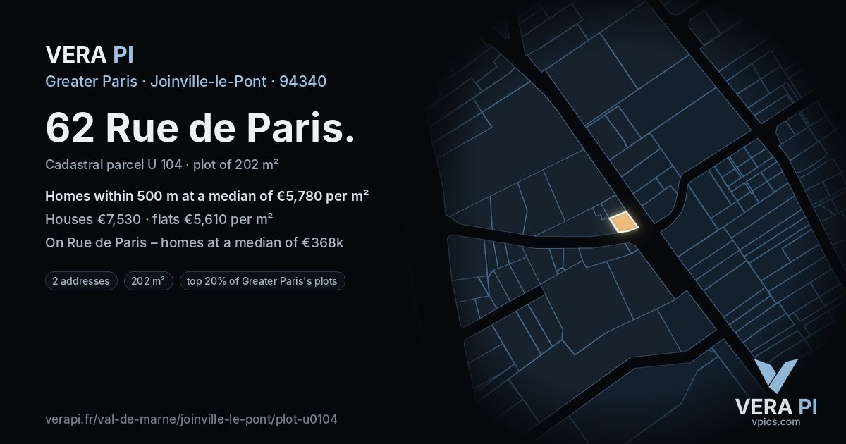 62 Rue de Paris, Joinville-le-Pont at night – the plot lit, the parcels around coloured by the prices near them