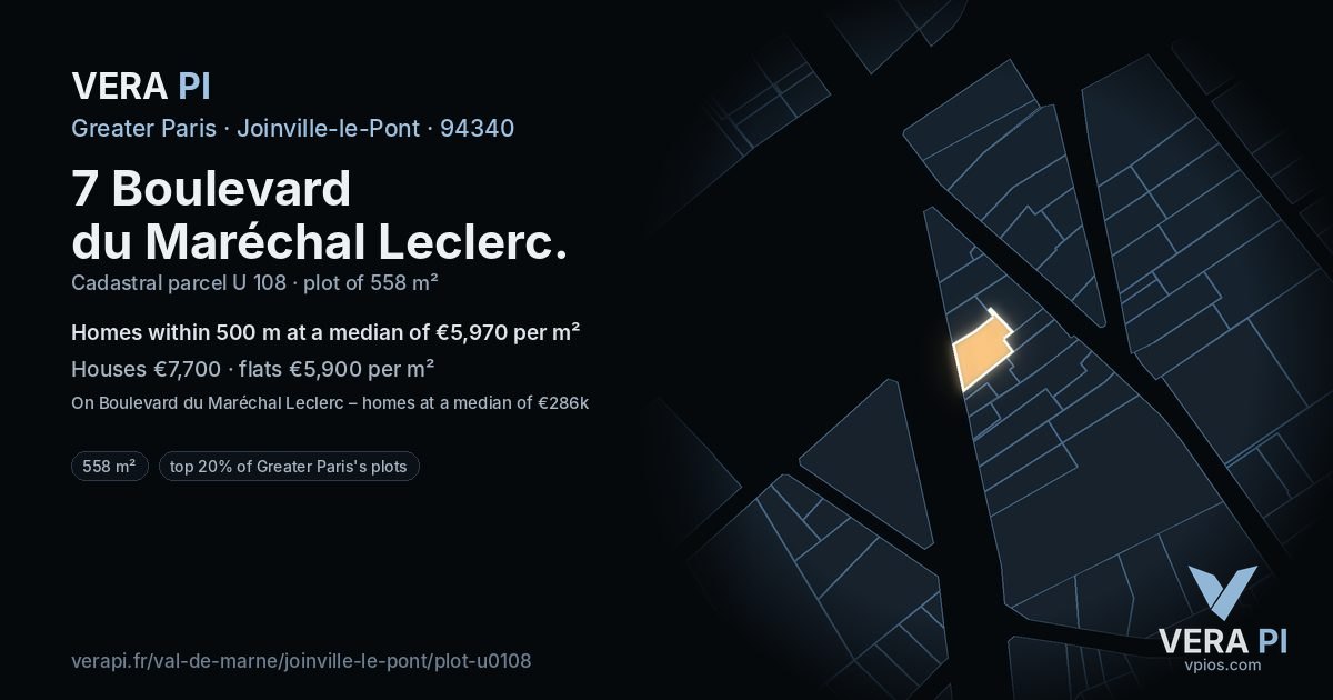 7 Boulevard du Maréchal Leclerc, Joinville-le-Pont at night – the plot lit, the parcels around coloured by the prices near them