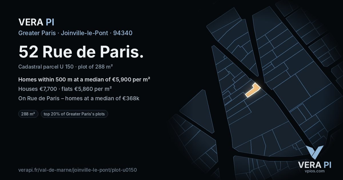 52 Rue de Paris, Joinville-le-Pont at night – the plot lit, the parcels around coloured by the prices near them