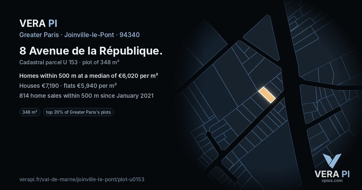 8 Avenue de la République, Joinville-le-Pont at night – the plot lit, the parcels around coloured by the prices near them