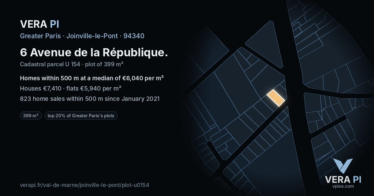 6 Avenue de la République, Joinville-le-Pont at night – the plot lit, the parcels around coloured by the prices near them