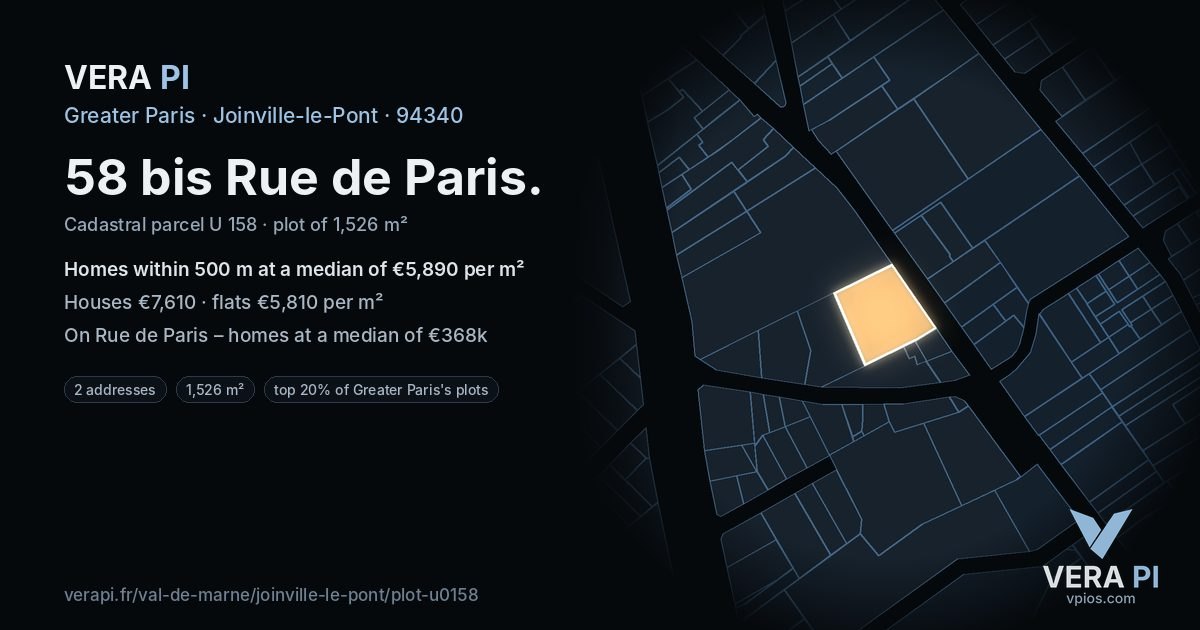 58 bis Rue de Paris, Joinville-le-Pont at night – the plot lit, the parcels around coloured by the prices near them