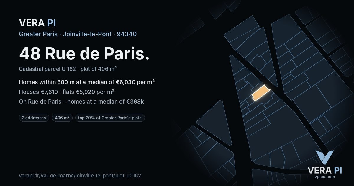 48 Rue de Paris, Joinville-le-Pont at night – the plot lit, the parcels around coloured by the prices near them