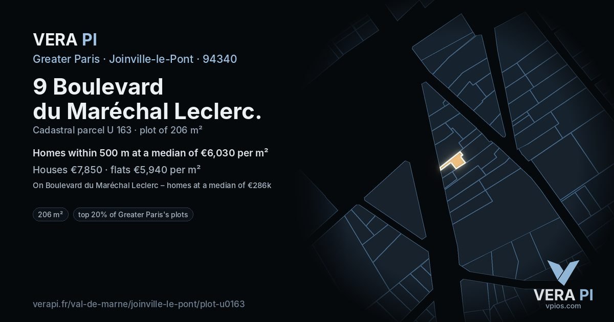 9 Boulevard du Maréchal Leclerc, Joinville-le-Pont at night – the plot lit, the parcels around coloured by the prices near them