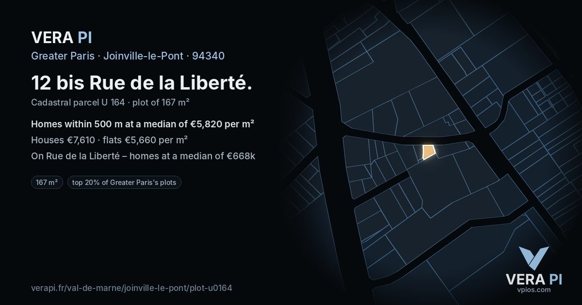 12 bis Rue de la Liberté, Joinville-le-Pont at night – the plot lit, the parcels around coloured by the prices near them