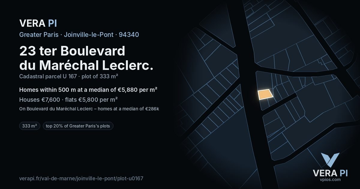 23 ter Boulevard du Maréchal Leclerc, Joinville-le-Pont at night – the plot lit, the parcels around coloured by the prices near them