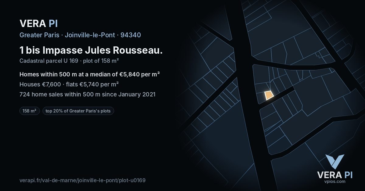 1 bis Impasse Jules Rousseau, Joinville-le-Pont at night – the plot lit, the parcels around coloured by the prices near them