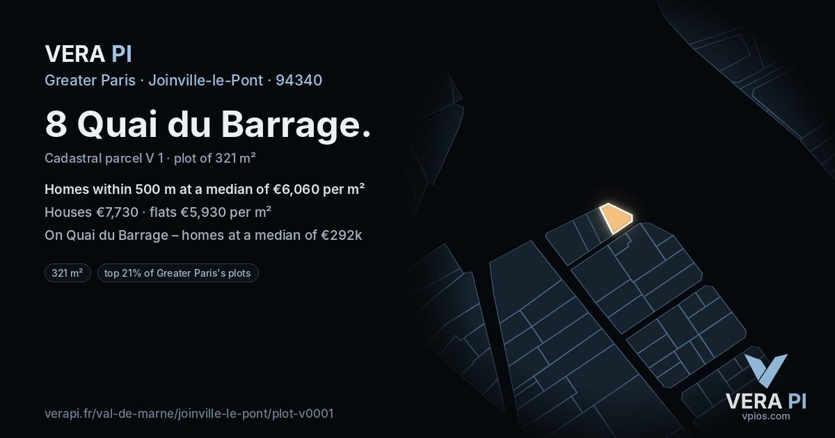 8 Quai du Barrage, Joinville-le-Pont at night – the plot lit, the parcels around coloured by the prices near them