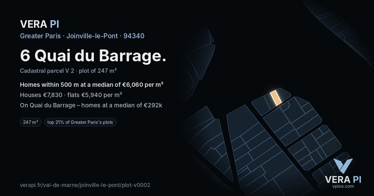 6 Quai du Barrage, Joinville-le-Pont at night – the plot lit, the parcels around coloured by the prices near them