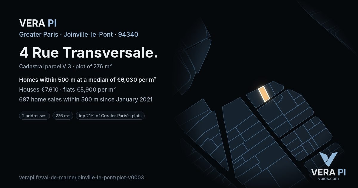 4 Rue Transversale, Joinville-le-Pont at night – the plot lit, the parcels around coloured by the prices near them