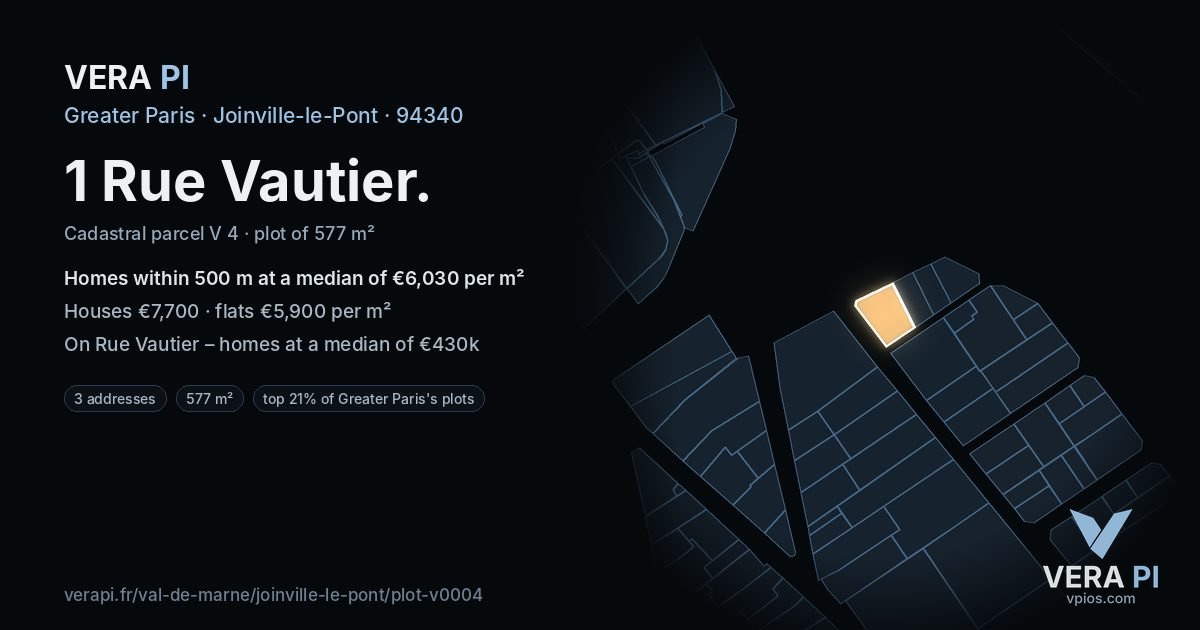 1 Rue Vautier, Joinville-le-Pont at night – the plot lit, the parcels around coloured by the prices near them