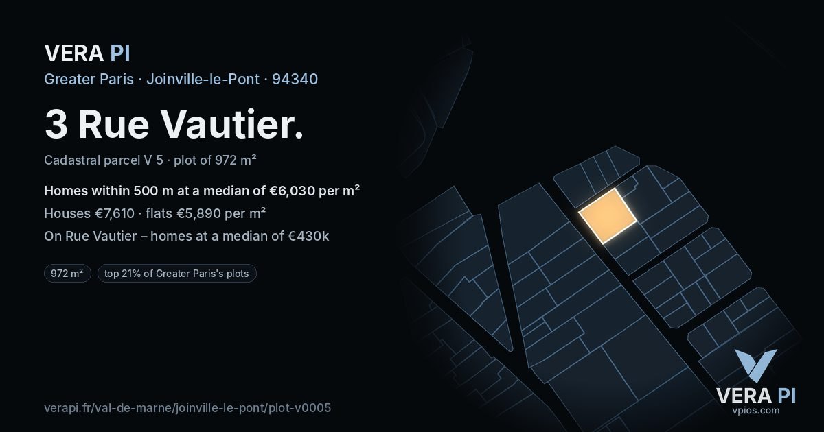 3 Rue Vautier, Joinville-le-Pont at night – the plot lit, the parcels around coloured by the prices near them