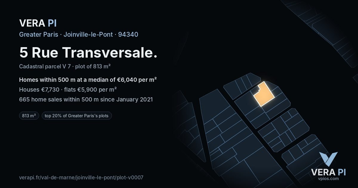 5 Rue Transversale, Joinville-le-Pont at night – the plot lit, the parcels around coloured by the prices near them