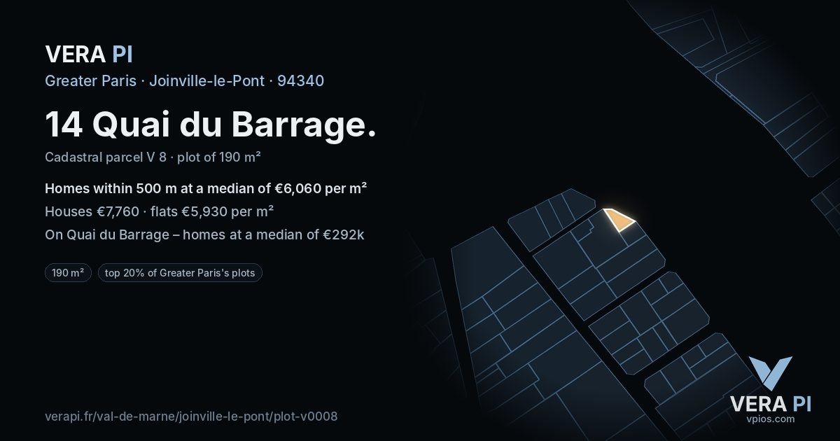 14 Quai du Barrage, Joinville-le-Pont at night – the plot lit, the parcels around coloured by the prices near them