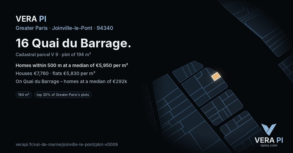 16 Quai du Barrage, Joinville-le-Pont at night – the plot lit, the parcels around coloured by the prices near them