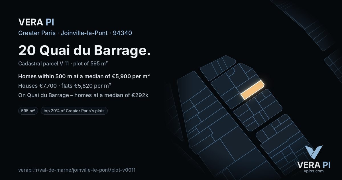 20 Quai du Barrage, Joinville-le-Pont at night – the plot lit, the parcels around coloured by the prices near them