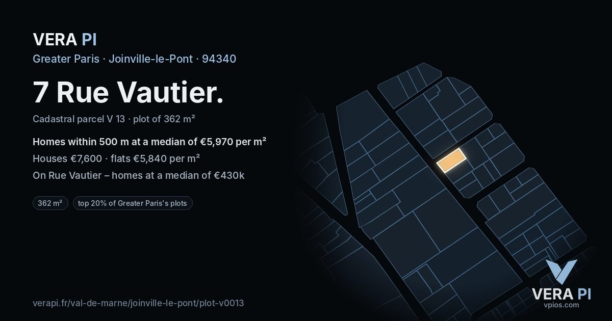 7 Rue Vautier, Joinville-le-Pont at night – the plot lit, the parcels around coloured by the prices near them