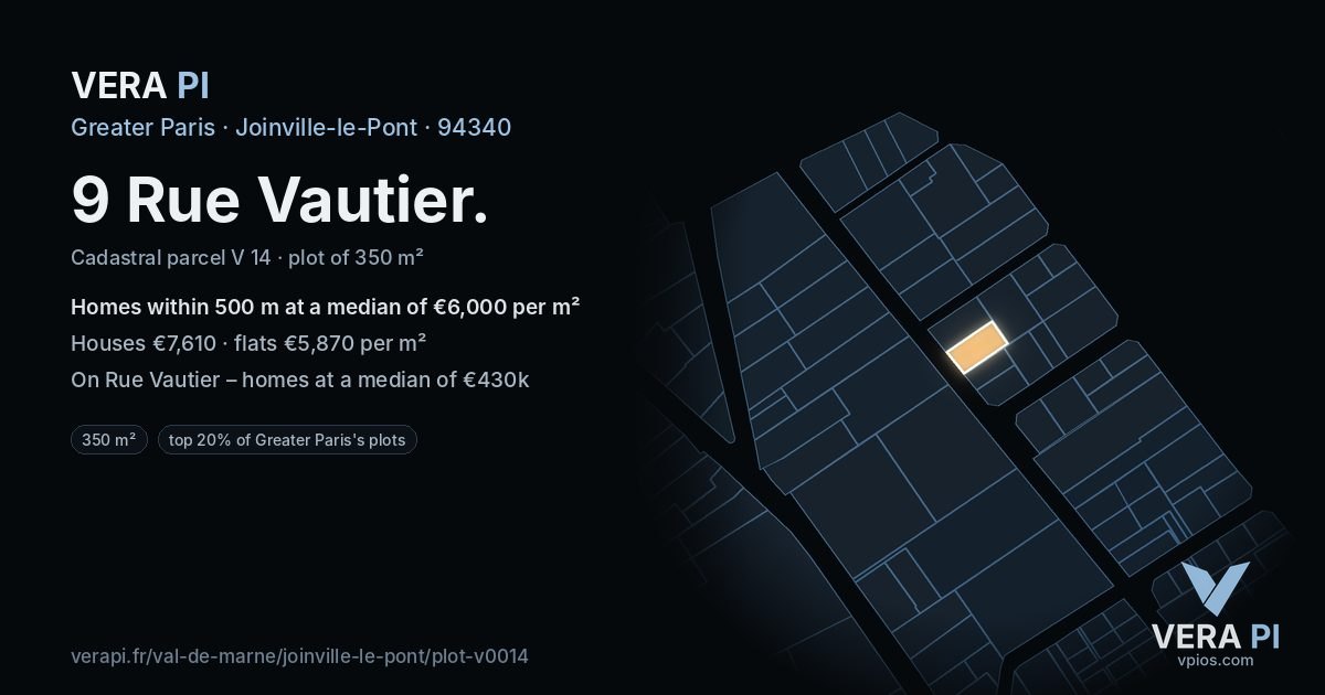 9 Rue Vautier, Joinville-le-Pont at night – the plot lit, the parcels around coloured by the prices near them