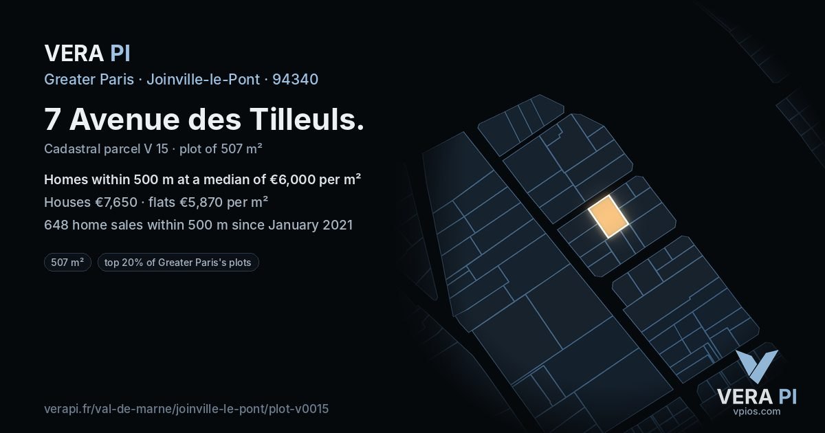 7 Avenue des Tilleuls, Joinville-le-Pont at night – the plot lit, the parcels around coloured by the prices near them