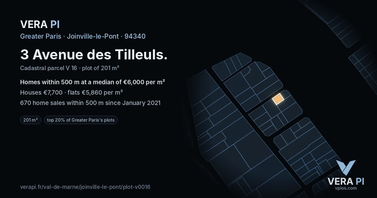 3 Avenue des Tilleuls, Joinville-le-Pont at night – the plot lit, the parcels around coloured by the prices near them