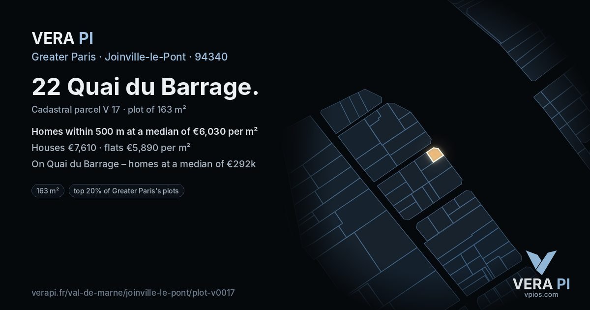 22 Quai du Barrage, Joinville-le-Pont at night – the plot lit, the parcels around coloured by the prices near them