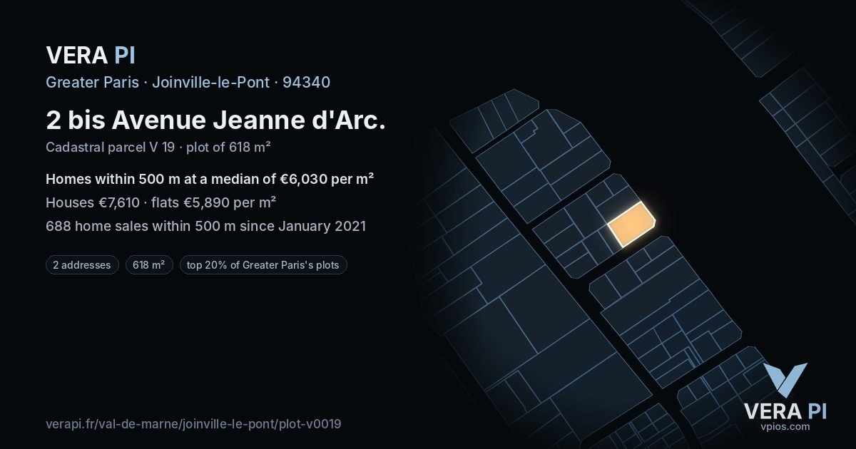 2 bis Avenue Jeanne d'Arc, Joinville-le-Pont at night – the plot lit, the parcels around coloured by the prices near them