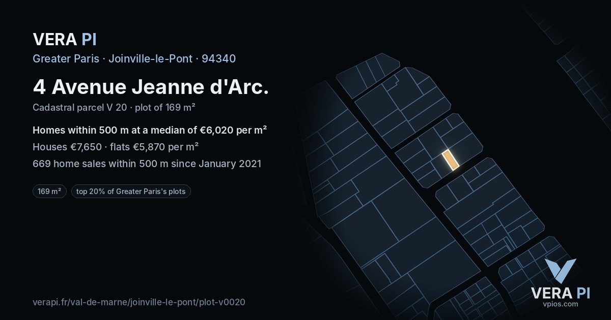 4 Avenue Jeanne d'Arc, Joinville-le-Pont at night – the plot lit, the parcels around coloured by the prices near them