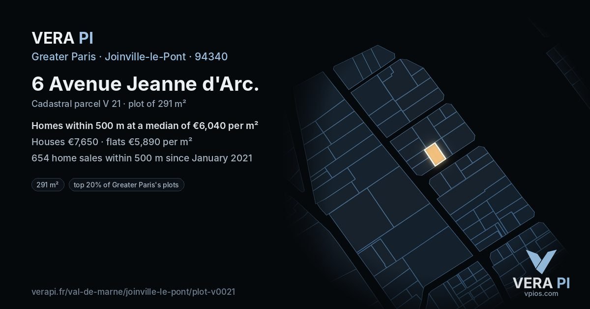 6 Avenue Jeanne d'Arc, Joinville-le-Pont at night – the plot lit, the parcels around coloured by the prices near them