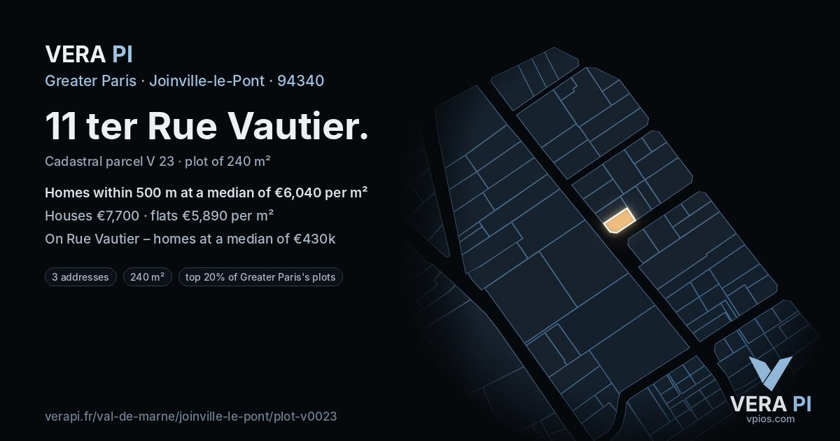11 ter Rue Vautier, Joinville-le-Pont at night – the plot lit, the parcels around coloured by the prices near them
