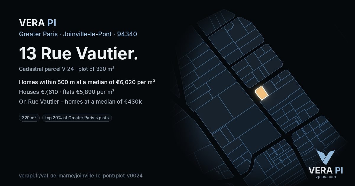 13 Rue Vautier, Joinville-le-Pont at night – the plot lit, the parcels around coloured by the prices near them