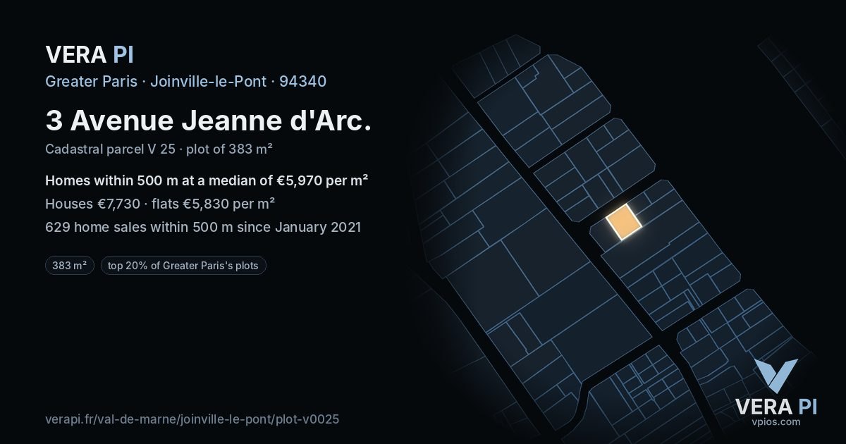 3 Avenue Jeanne d'Arc, Joinville-le-Pont at night – the plot lit, the parcels around coloured by the prices near them