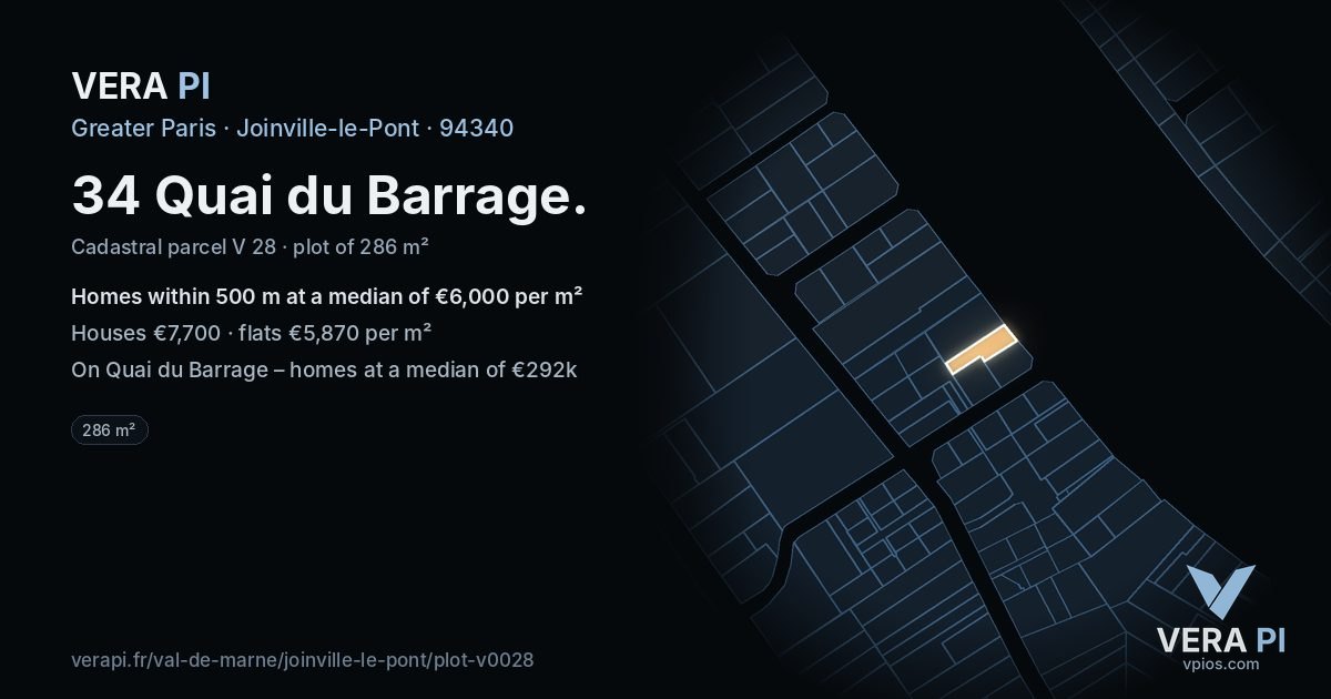34 Quai du Barrage, Joinville-le-Pont at night – the plot lit, the parcels around coloured by the prices near them