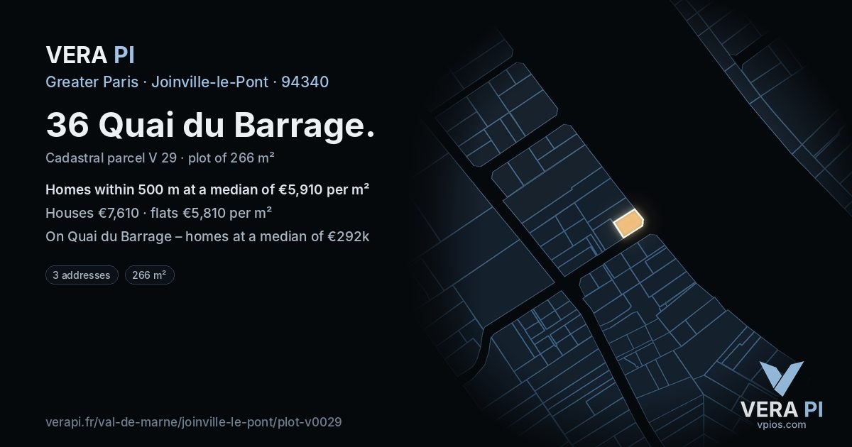 36 Quai du Barrage, Joinville-le-Pont at night – the plot lit, the parcels around coloured by the prices near them
