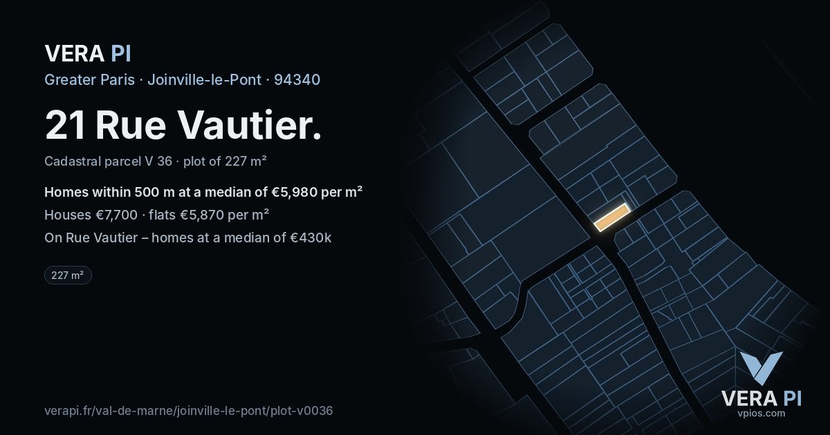 21 Rue Vautier, Joinville-le-Pont at night – the plot lit, the parcels around coloured by the prices near them