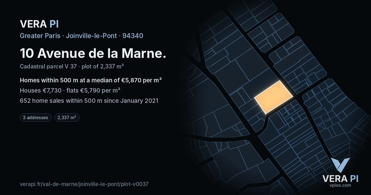 10 Avenue de la Marne, Joinville-le-Pont at night – the plot lit, the parcels around coloured by the prices near them