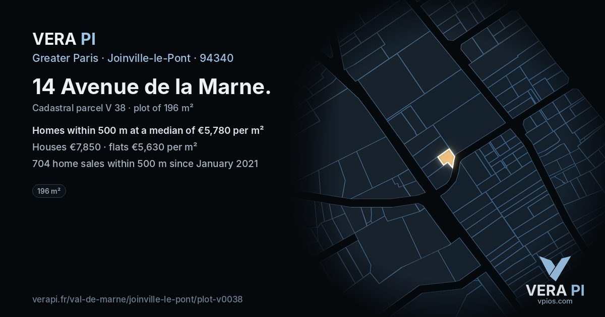 14 Avenue de la Marne, Joinville-le-Pont at night – the plot lit, the parcels around coloured by the prices near them