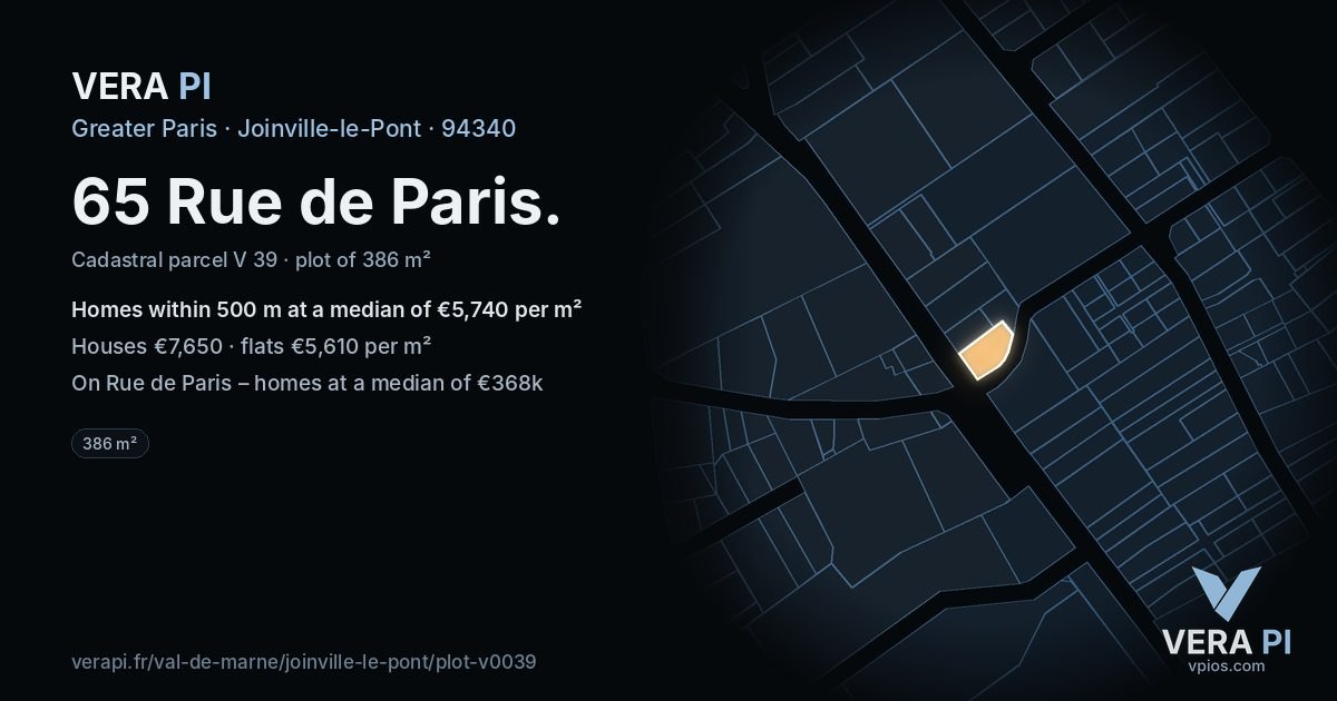 65 Rue de Paris, Joinville-le-Pont at night – the plot lit, the parcels around coloured by the prices near them
