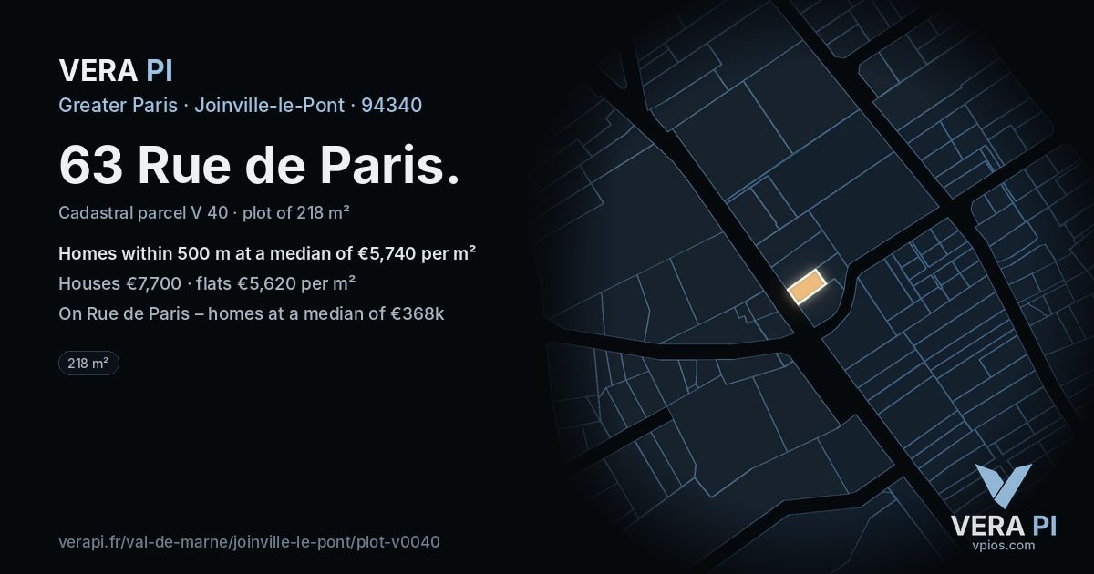 63 Rue de Paris, Joinville-le-Pont at night – the plot lit, the parcels around coloured by the prices near them