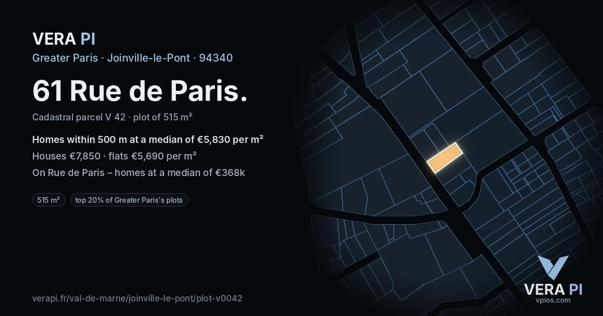 61 Rue de Paris, Joinville-le-Pont at night – the plot lit, the parcels around coloured by the prices near them