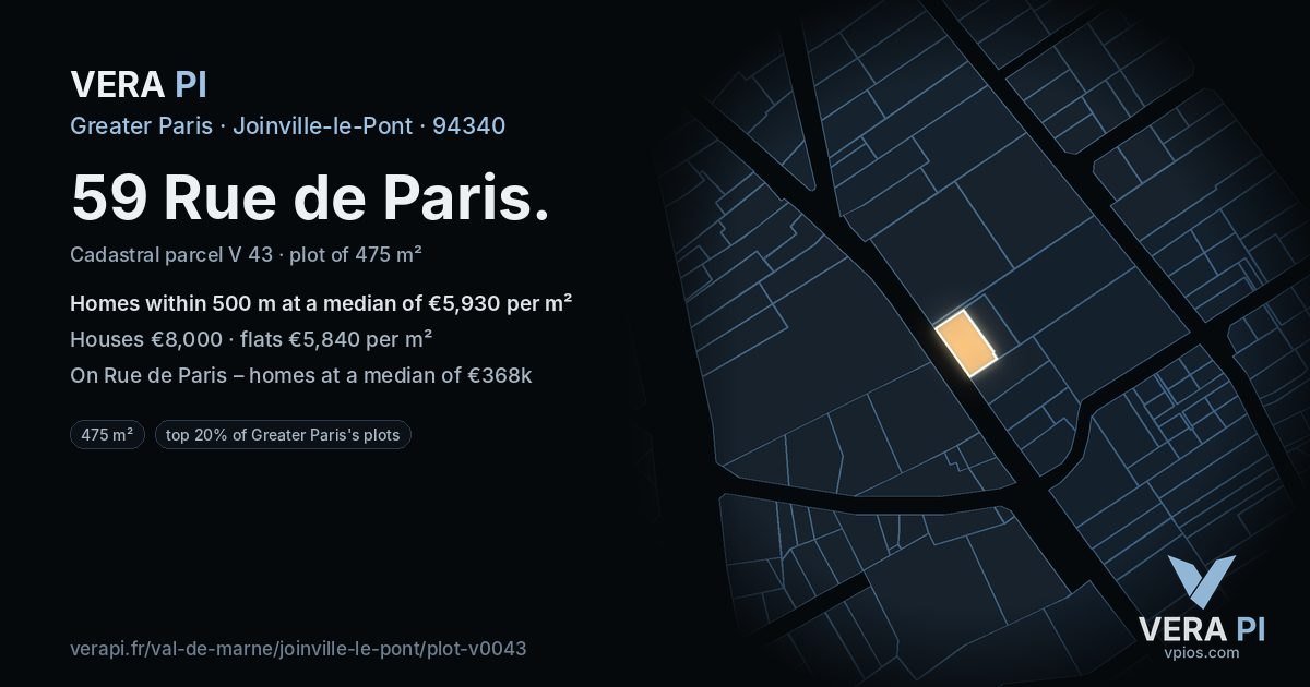 59 Rue de Paris, Joinville-le-Pont at night – the plot lit, the parcels around coloured by the prices near them