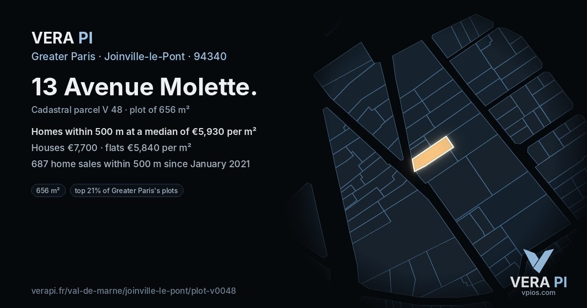 13 Avenue Molette, Joinville-le-Pont at night – the plot lit, the parcels around coloured by the prices near them
