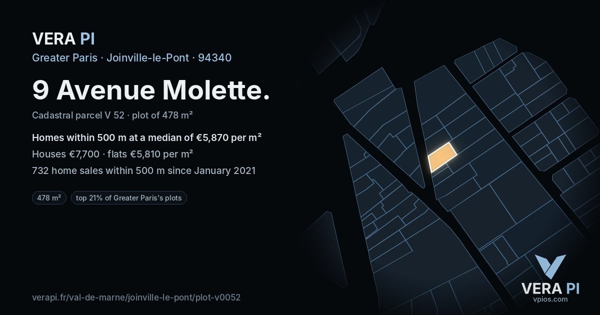 9 Avenue Molette, Joinville-le-Pont at night – the plot lit, the parcels around coloured by the prices near them