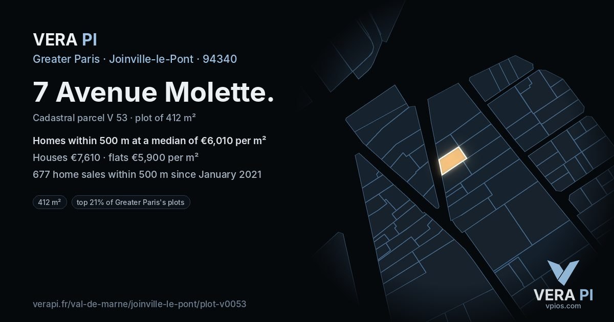7 Avenue Molette, Joinville-le-Pont at night – the plot lit, the parcels around coloured by the prices near them