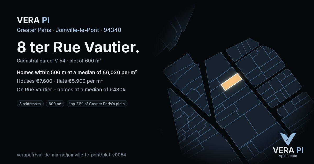 8 ter Rue Vautier, Joinville-le-Pont at night – the plot lit, the parcels around coloured by the prices near them